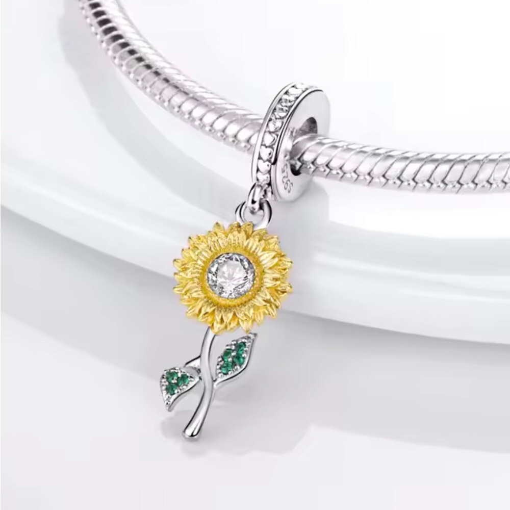 Sterling Silver Sunflower Dangle Charm Bracelet Pendant